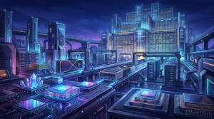 Futuristic neon city with circuit boards, servers, crystals, and elevated transitways