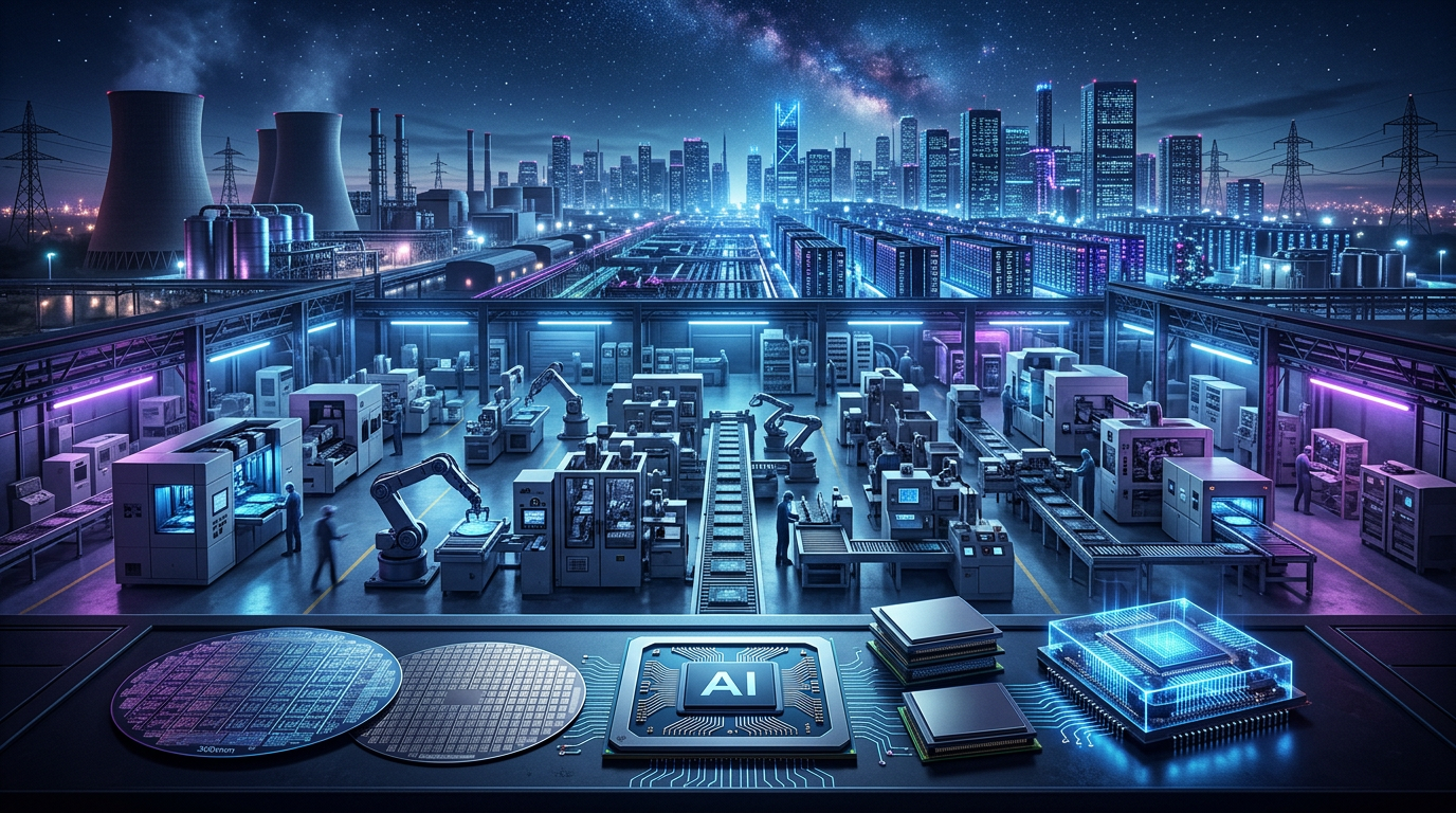 Automated semiconductor factory with AI chip, wafers, robots, and city skyline