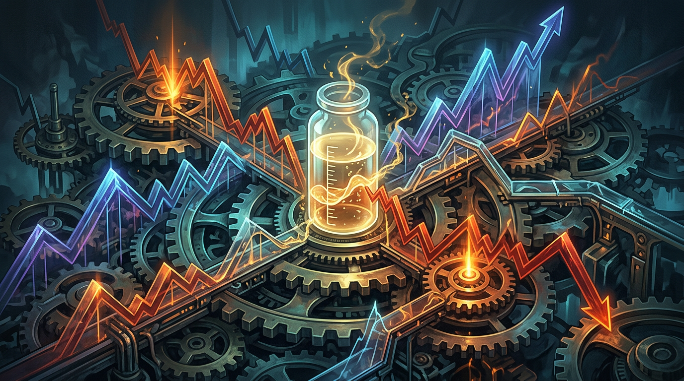Glowing flask surrounded by gears and colorful financial trend lines